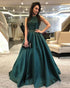 2019 Hunter Green Satin Prom Dresses with Belt Beadings Boat Neck Long Prom Party Gowns